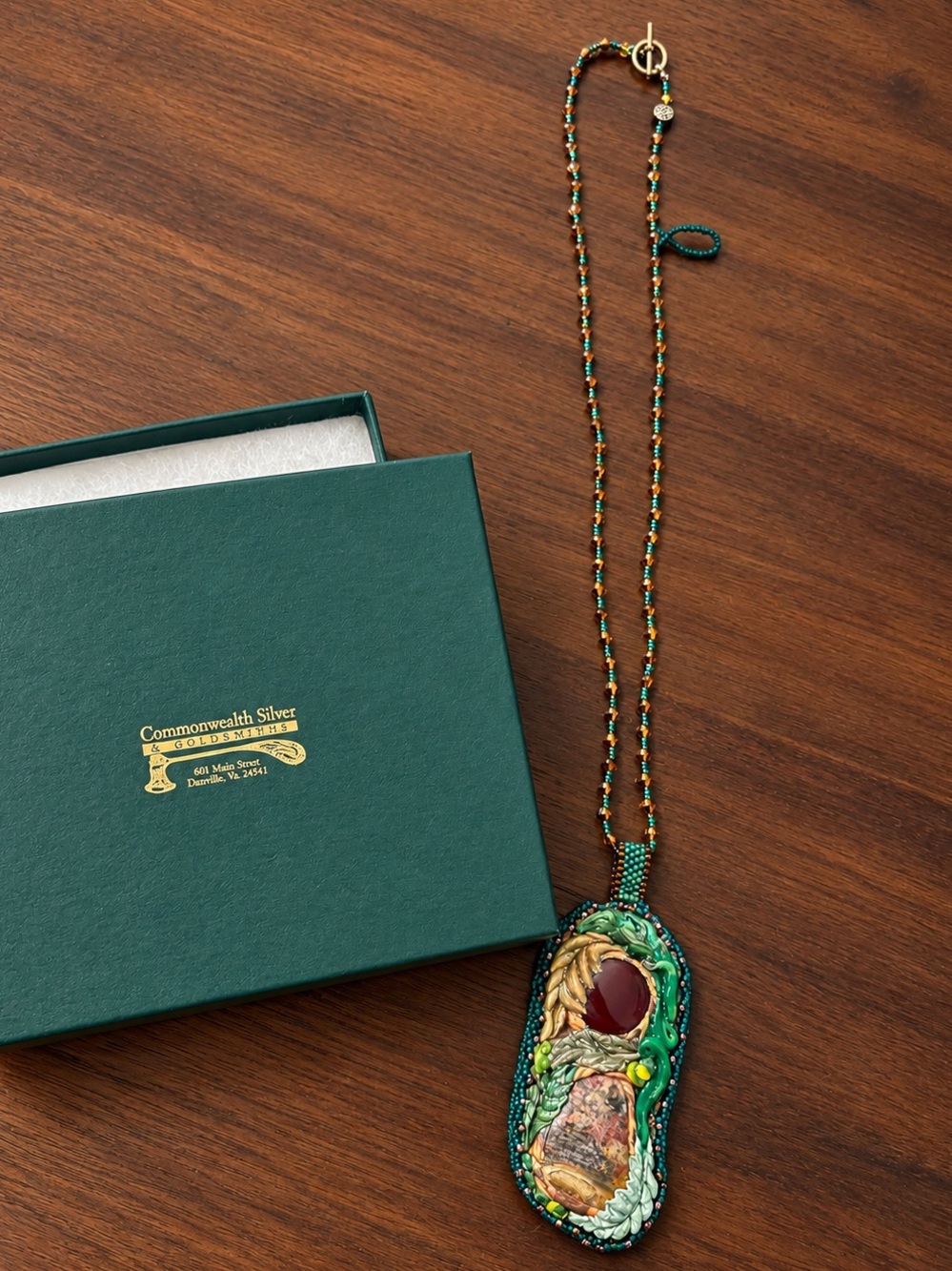 Artisan Beaded Statement Necklace - Mixed Stone Pendant/Teal/Bronze
